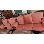 3 PIECE SUITE WITH CABRIOLET LEGS RECOVERED IN PINK VELOUR.