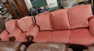 3 PIECE SUITE WITH CABRIOLET LEGS RECOVERED IN PINK VELOUR.