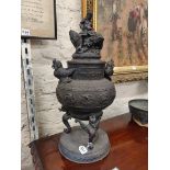 ANTIQUE BRONZE ORIENTAL TEMPLE JAR AND LID - HEIGHT 20.5'