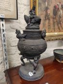 ANTIQUE BRONZE ORIENTAL TEMPLE JAR AND LID - HEIGHT 20.5'