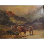 MONOGRAMMED C.W - OIL ON CANVAS - CATTLE AT THE WATERING HOLE - 12'X15.5'