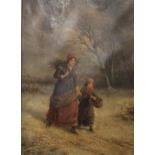 SIGNED ANTIQUE OIL ON CANVAS - GATHERING FIREWOOD - 24'X17.5'