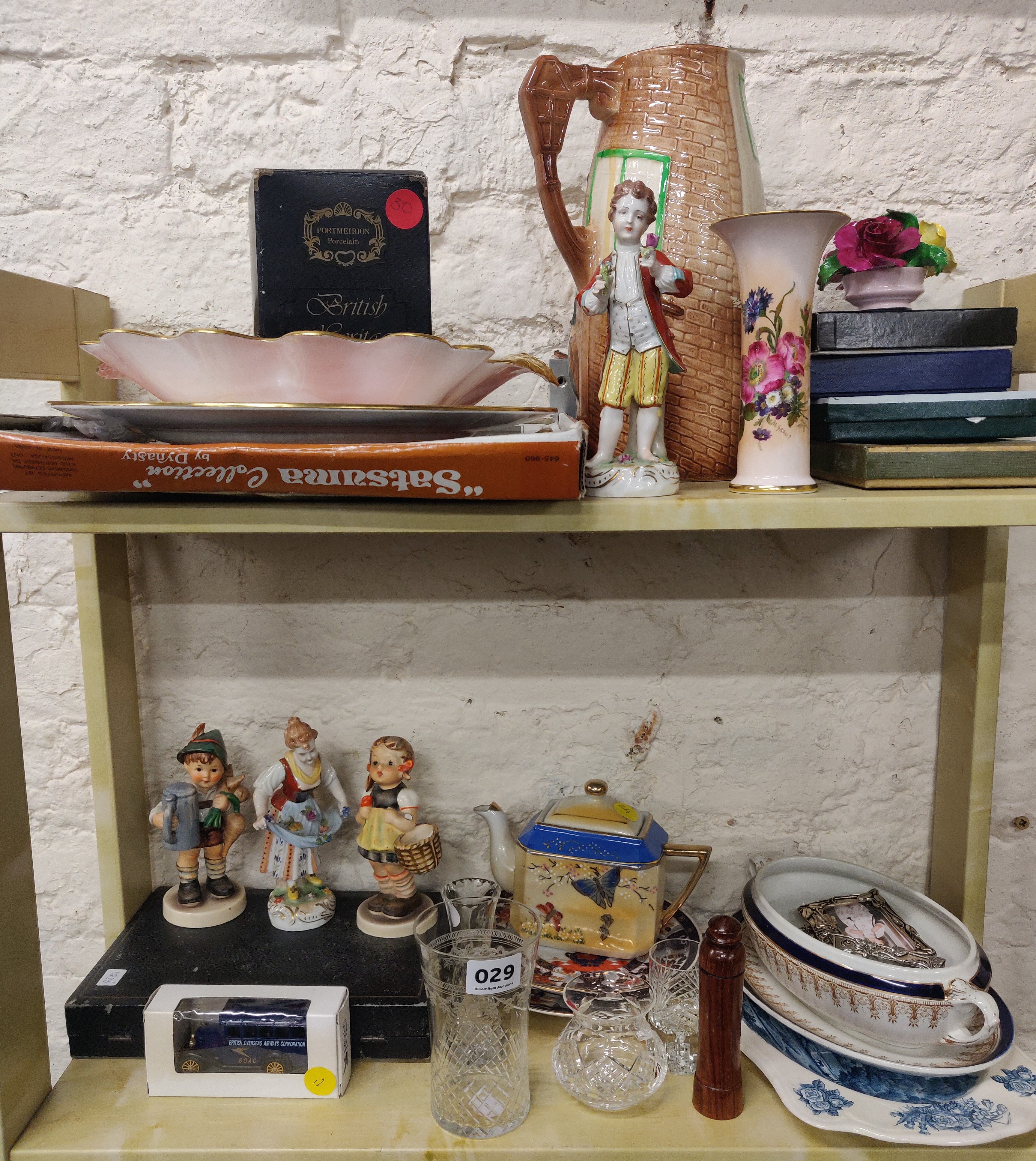 LARGE SHELF LOT OF FIGURES, PLATES, PHOTO FRAMES, DISHES AND EPNS