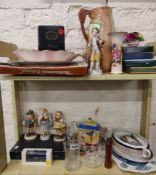 LARGE SHELF LOT OF FIGURES, PLATES, PHOTO FRAMES, DISHES AND EPNS
