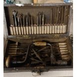 BOX OF ANTIQUE TOOLS AND BOX