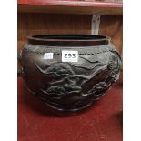 ANTIQUE BRONZE BOWL HEAVILY EMBOSSED - HEIGHT 7.5' DIAMETER 9'