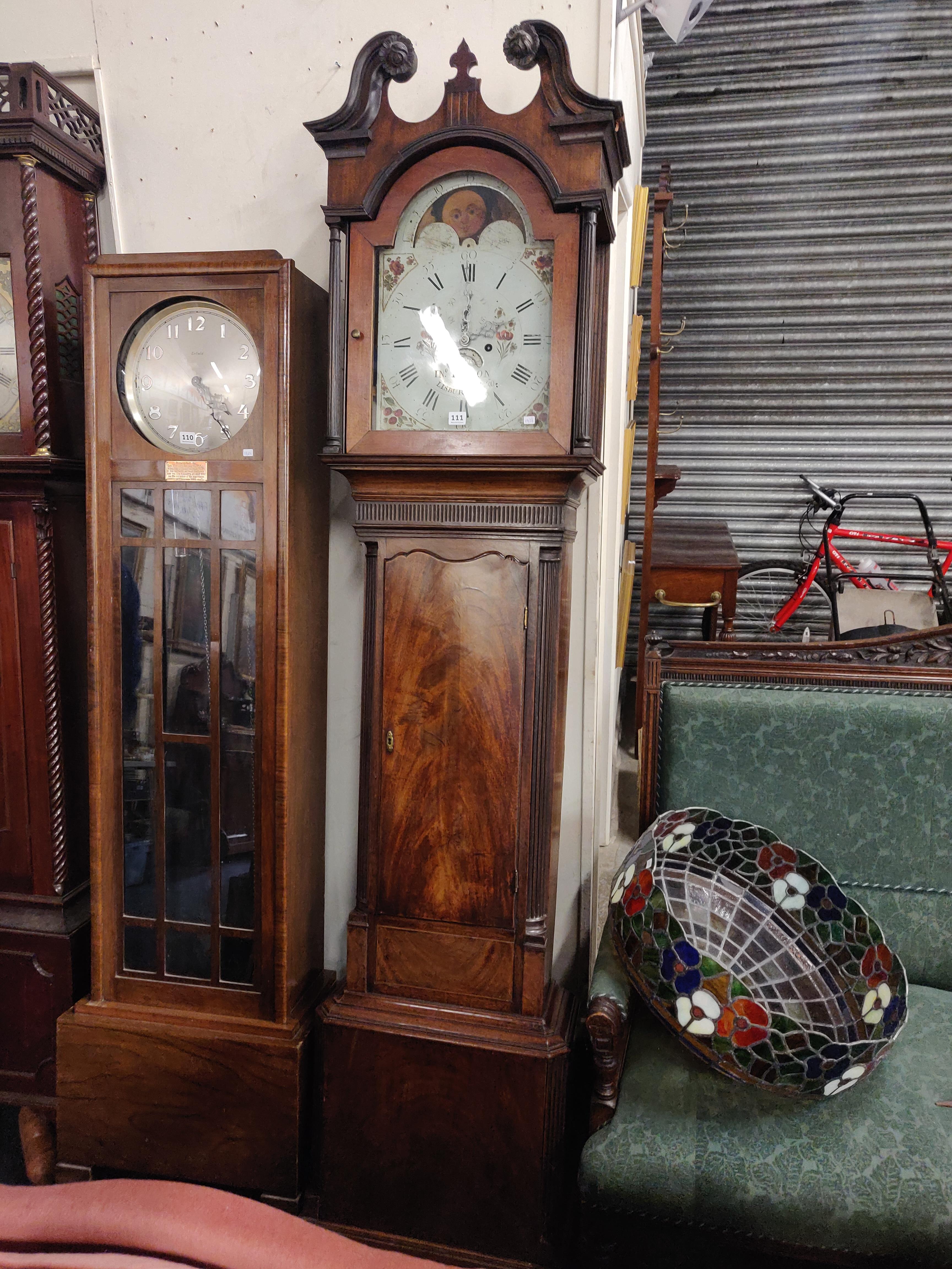 ANTIQUE MAHOGANY LONG CASED CLOCK WITH MOON DIAL- HERON, LISBURN