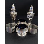 PAIR OF SILVER SALTS WITH BRISTOL BLUE LINERS - BIRMINGHAM 1944/45 - PAIR OF SILVER NAPKIN RINGS