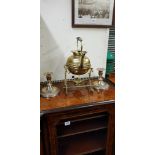 ANTIQUE BRASS SPIRIT KETTLE AND PAIR OF PLATED CANDLESTICKS