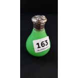 ANTIQUE GREEN GLASS SCENT BOTTLE, SILVER TOPPED