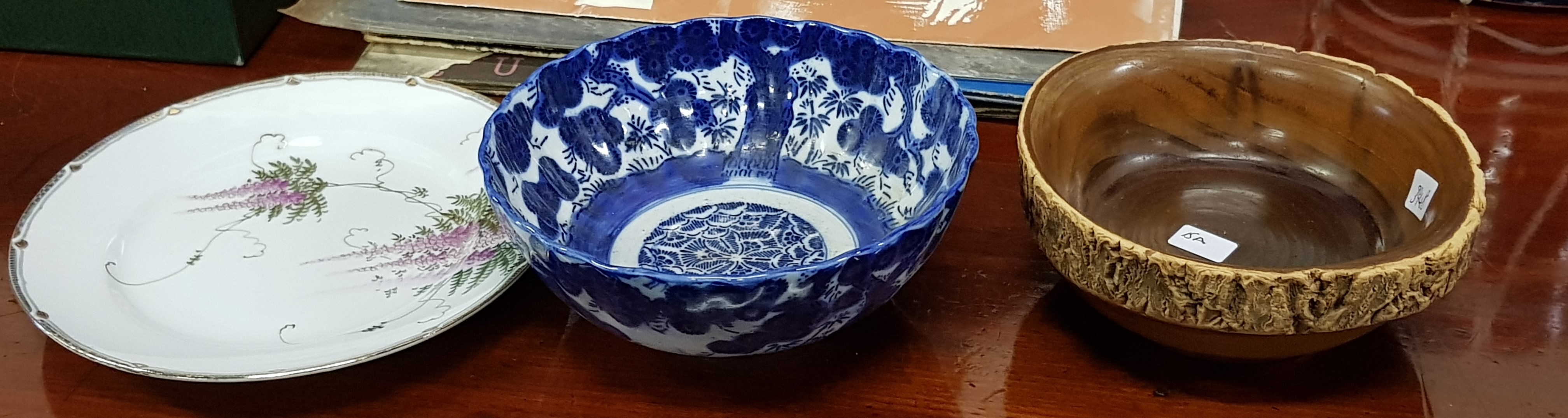 ANTIQUE BLUE AND WHITE BOWL AND ORIENTAL WOODEN BOWL AND PLATE