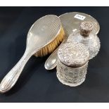 SILVER MIRROR, BRUSH AND DRESSING TABLE JARS