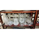 LARGE SHELF LOT OF GLASS DECANTERS