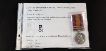 QUEEN SOUTH AFRICA MEDAL - DANIEL MCLOED BLACK WATCH ROYAL HIGHLANDERS - 2 BARS CAPE COLONY AND