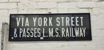 ORIGINAL FRAMED TRAM SIGN - VIA YORK STREET AND PASSES L.M.S RAILWAY