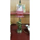 BRONZED FIGURE LAMP WITH ORIGINAL RUBY SHADE (RUBY SHADE IS PERFECT) (SOLD AS SEEN)