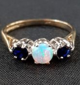 9CT GOLD SAPPHIRE AND OPAL 3 STONE RING