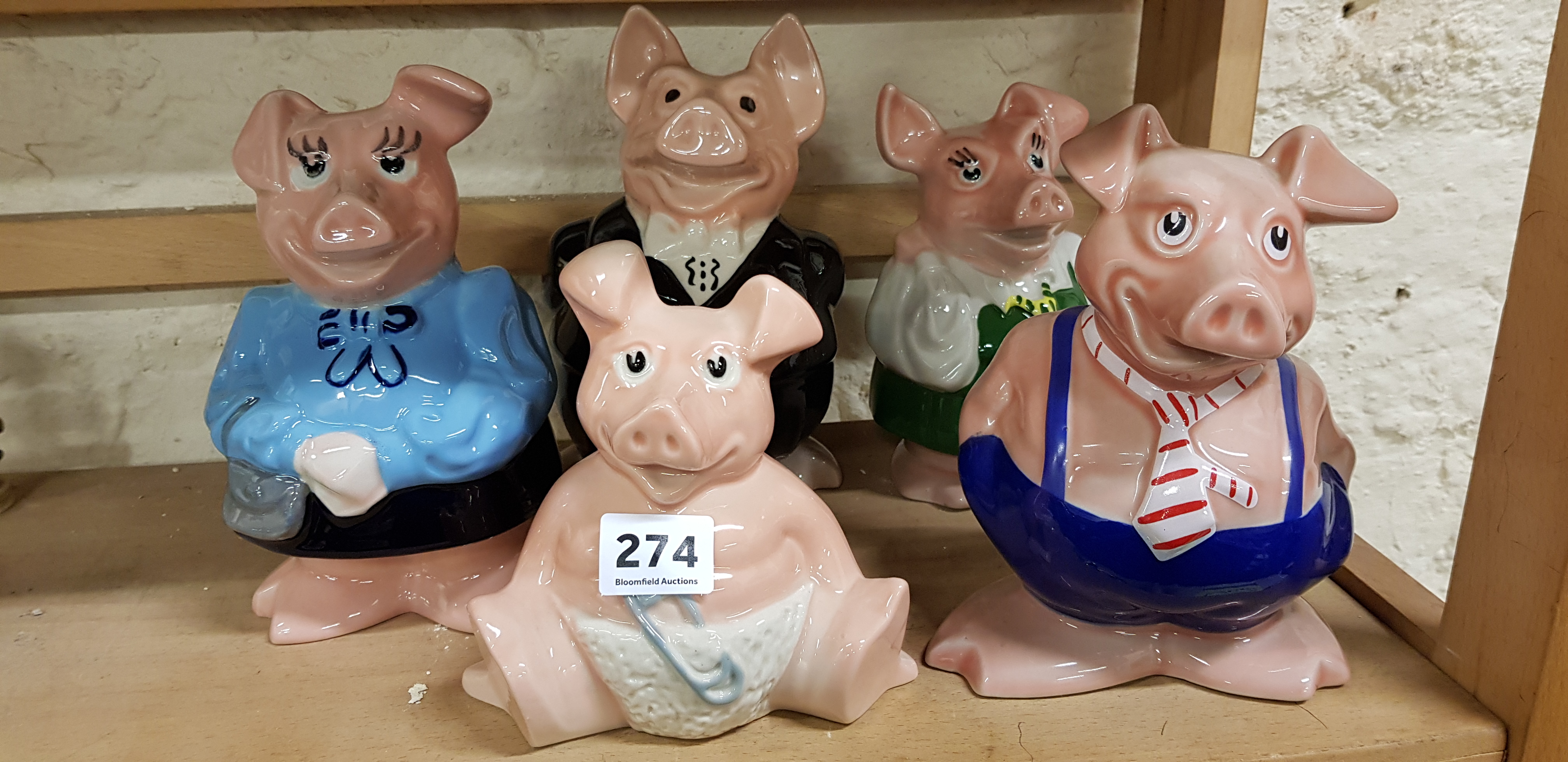 5 WADE PIG MONEYBOXES WITH ORIGINAL NAT WEST STOPPERS