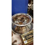SILVER PLATED PUNCH BOWL, CUPS, LADLE AND TRAY