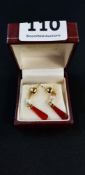 PAIR OF 9 CARAT GOLD CORNELIAN & PEARL DROP EARRINGS