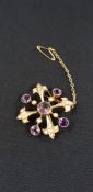 BEAUTIFUL 9 CARAT GOLD AMETHYST & PEARL PENDANT OR BROOCH