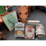 2 COAL SCUTTLES, CAKESTAND, PRINT, WASHBOARD AND MINI BARRELL