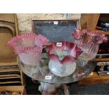 3 ANTIQUE RUBY OIL LAMP SHADES