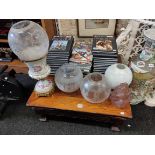 4 OIL LAMP SHADES AND CERAMIC CANISTER OIL LAMP BASE