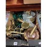 BOX OF BRASS AND COPPERWARE ETC