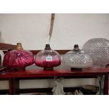 3 ANTIQUE OIL LAMP BOWLS AND CUT GLASS SHADES