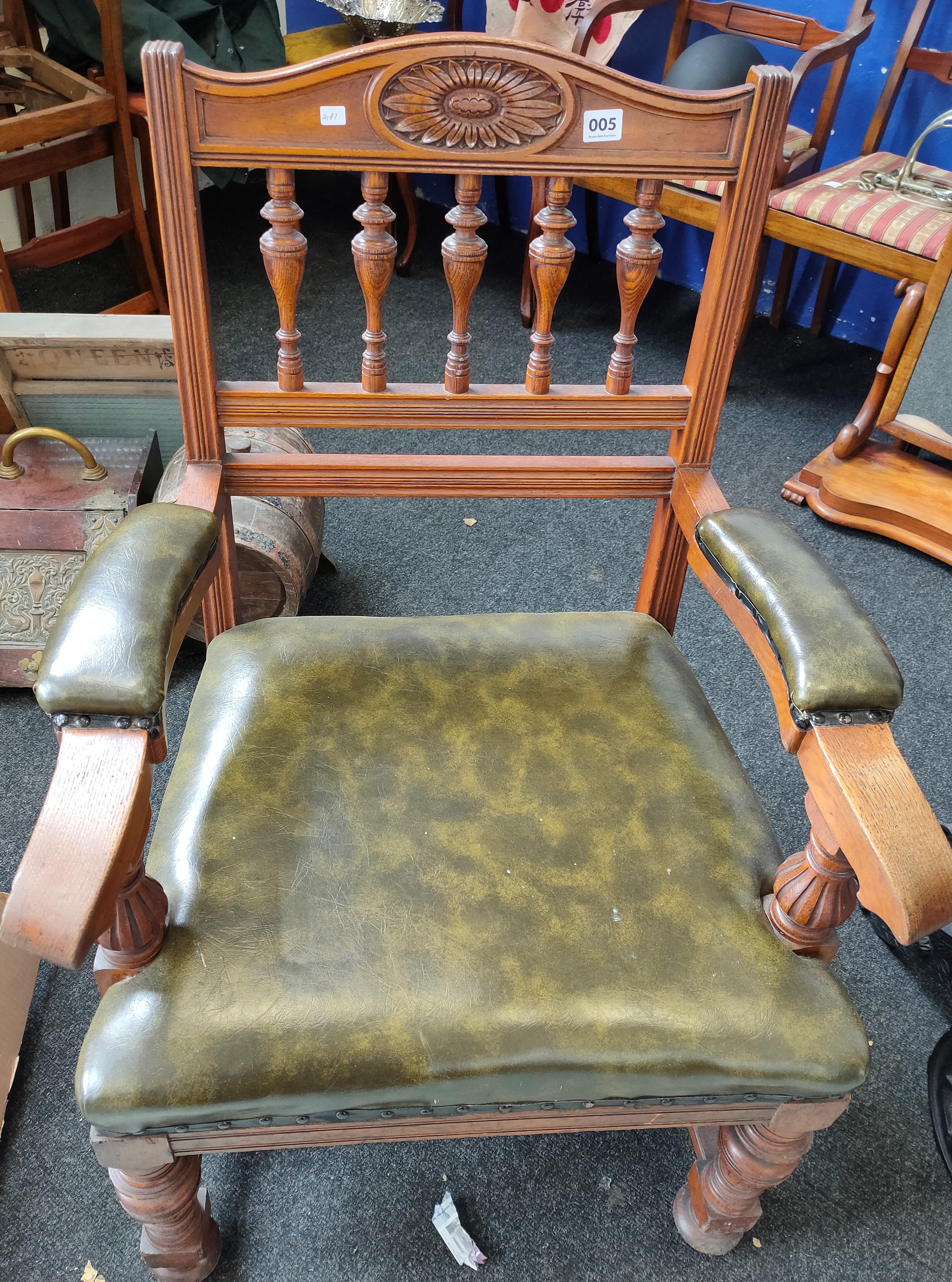 ANTIQUE CHAIR WITH GREEN LEATHER