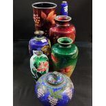 7 ITEMS OF ANTIQUE METAL AND ENAMEL VASES