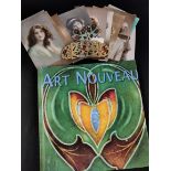 ART NOUVEAU BOOK, EDWARDIAN ENAMELLED BELT BUCKLE AND POSTCARDS