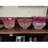 3 VICTORIAN RUBY GLASS OIL LAMP SHADES