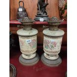 PAIR OF CERAMIC CANISTER OIL LAMPS, J HINKS AND SON LTD NUMBERED 245 - 32CM TALL