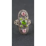 ART NOUVEAU RING (TESTS 15CARAT WHITE GOLD) SET WITH PERIDOT & PINK SAPPHIRES