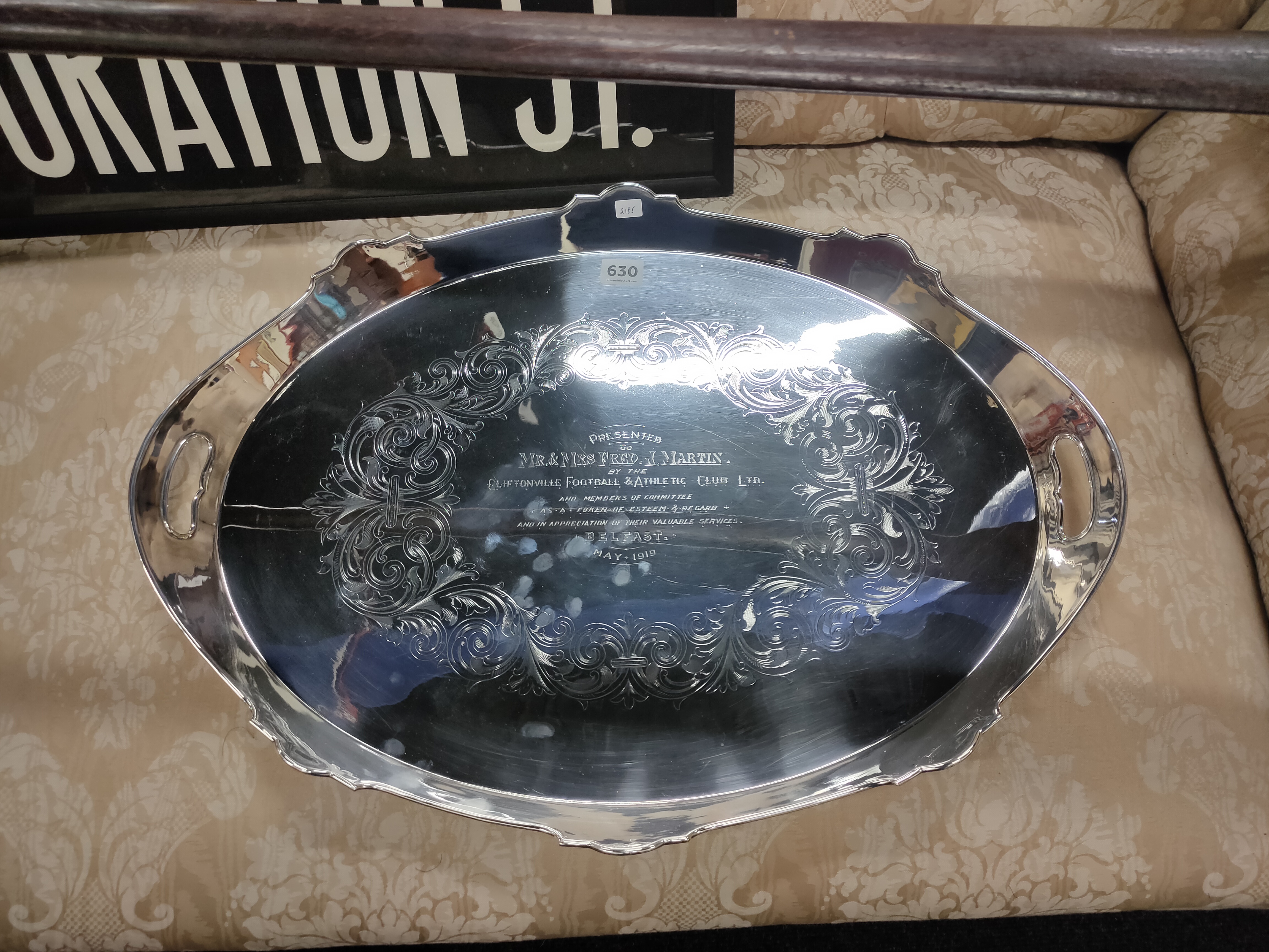 LARGE SILER PLATED TRAY INSCRIBED 'PRESENTED TO MR & MRS FRED MARTIN BY THE CLIFTONVILLE