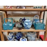 SHELF LOT OF ORIENTAL TEAPOTS AND OTHERS