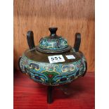 ANTIQUE BRONZE CLOISONNE INCENSE JAR AND LID 19CM