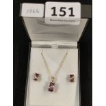 PAIR OF 9CT GOLD DIAMOND AND AMETHYST EARRINGS AND MATCHING PENDANT ON (CT GOLD CHAIN