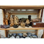 SHELF LOT OF ORIENTAL CARVINGS AND BOX