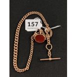 ANTIQUE 9CT ROSE GOLD WATCH CHAIN (EVERY LINK HALLMARKED) WITH BLOODSTONE SWIVEL FOB CIRCA 48G