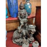 LARGE CARVED HARDWOOD ORIENTAL FIGURE GROUP 50CM X 30CM