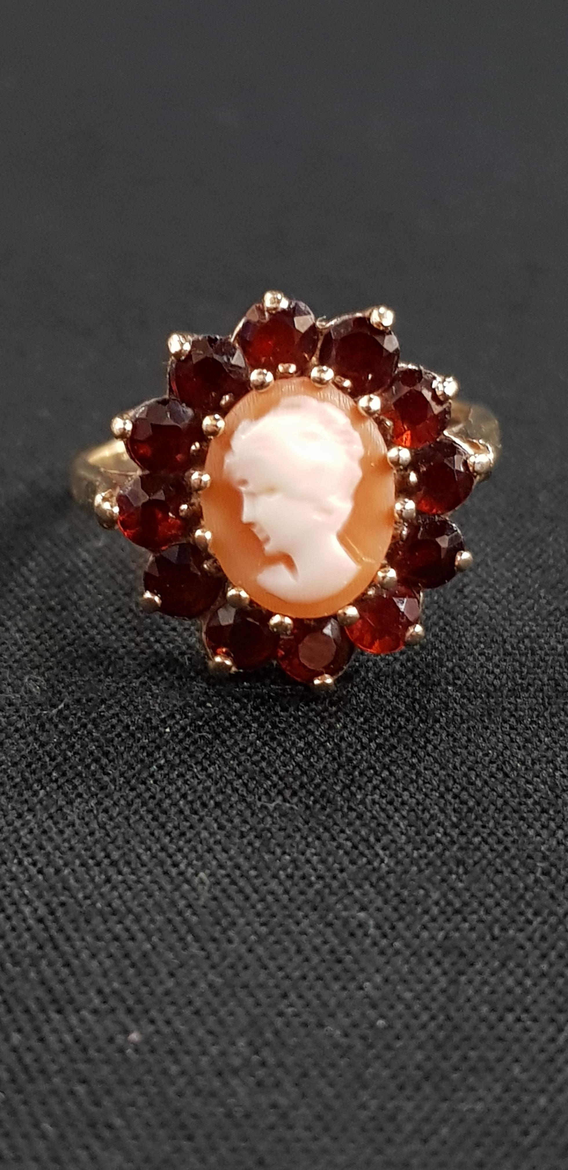 9CT GOLD GARNET AND CAMEO RING