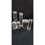 FACETTED GLASS 6 PIECE DRESSING TABLE BOTTLES WITH SILVER TOPS ALL WITH FULL HALLMARKS