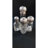 SET OF 4 DRESSING TABLE BOTTLES FACETTED SIDES WITH SILVER TOPS MATCHING SET HALLMARK BIRMINGHAM
