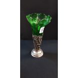 SOLID SILVER BUD/SPILL VASE WITH ORIGINAL GREEN GLASS LINER 7' PIERCED LEAF DESIGN DETAIL TO