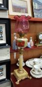 VICTORIAN MARBLE AND RUBY OIL LAMP