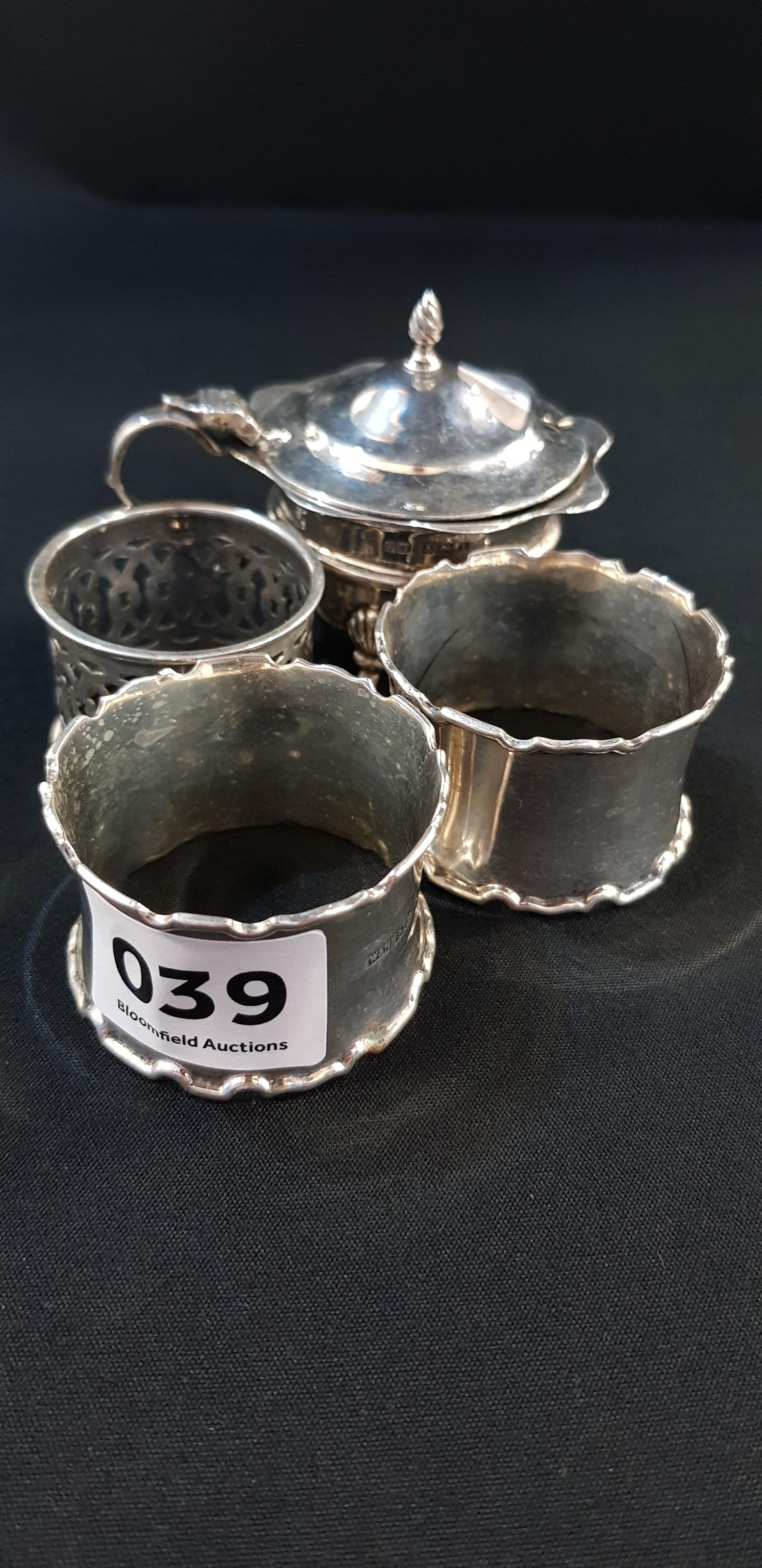 3 SILVER NAPKIN RINGS AND SILVER MUSTARD