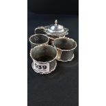 3 SILVER NAPKIN RINGS AND SILVER MUSTARD